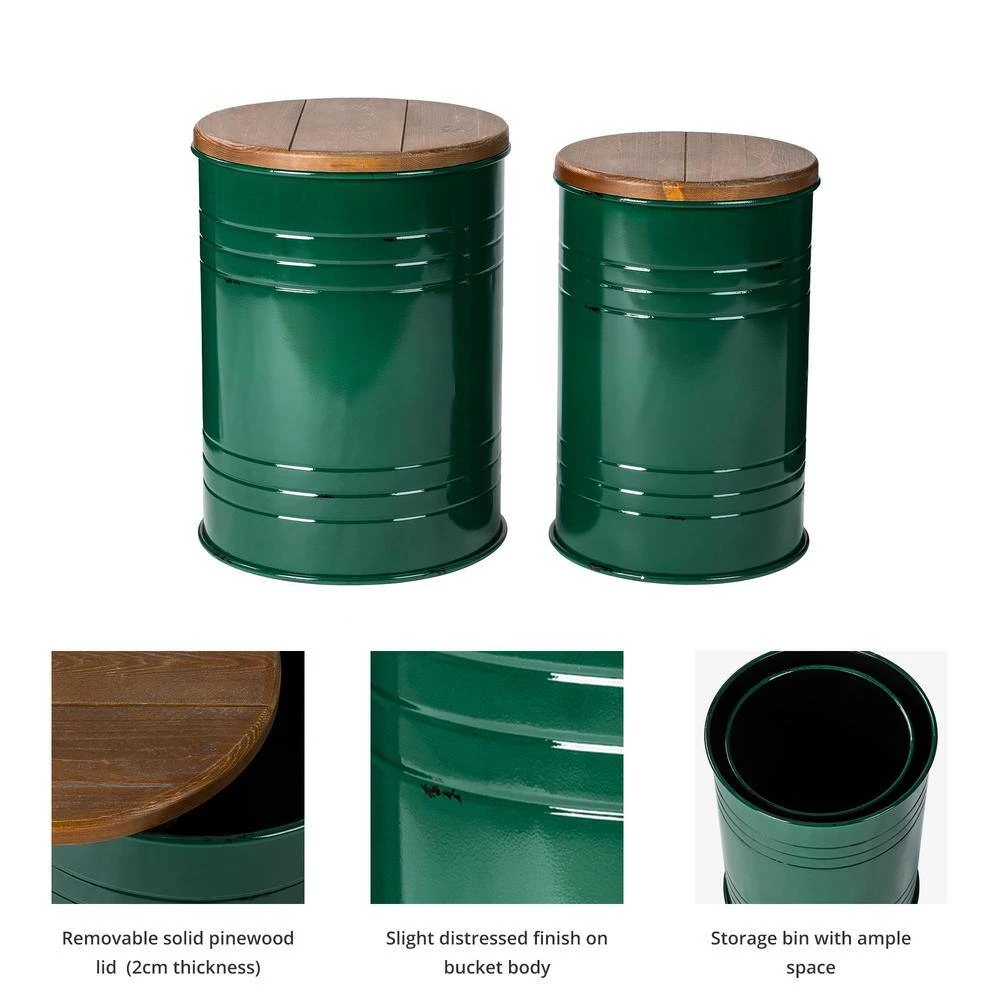 14.5 in. W Green Round Wood Storage End Table or Accent Table or Stool with Solid Wood Lid (2-Pack) by Glitzhome 6 14.5 in. W Green Round Wood Storage End Table or Accent Table or Stool with Solid Wood Lid (2-Pack) by Glitzhome - Image 4