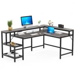 Perry 69 in. Grey Reversible Large Corner L Shaped Computer Writing Desk Monitor Stand Storage Shelf Home Office by TRIBESIGNS WAY TO ORIGIN -Deals Glitzhome Store grey tribesigns way to origin computer desks hd jw0364 wzz 40 1000