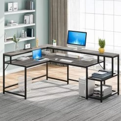 Perry 69 in. Grey Reversible Large Corner L Shaped Computer Writing Desk Monitor Stand Storage Shelf Home Office by TRIBESIGNS WAY TO ORIGIN -Deals Glitzhome Store grey tribesigns way to origin computer desks hd jw0364 wzz 44 1000