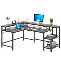 Perry 69 in. Grey Reversible Large Corner L Shaped Computer Writing Desk Monitor Stand Storage Shelf Home Office by TRIBESIGNS WAY TO ORIGIN -Deals Glitzhome Store grey tribesigns way to origin computer desks hd jw0364 wzz 77 1000