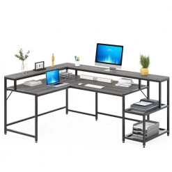 Perry 69 in. Grey Reversible Large Corner L Shaped Computer Writing Desk Monitor Stand Storage Shelf Home Office by TRIBESIGNS WAY TO ORIGIN -Deals Glitzhome Store grey tribesigns way to origin computer desks hd jw0364 wzz a0 1000