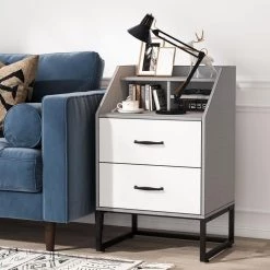 Mayville 2 Drawers Nightstands Modern Black and Gray Wood Bedroom Bedside Table, 19.68" W * 15.74" D * 31.49" H by TRIBESIGNS WAY TO ORIGIN -Deals Glitzhome Store grey tribesigns way to origin nightstands hd xk0005 wzz 44 1000