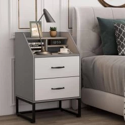 Mayville 2 Drawers Nightstands Modern Black and Gray Wood Bedroom Bedside Table, 19.68" W * 15.74" D * 31.49" H by TRIBESIGNS WAY TO ORIGIN -Deals Glitzhome Store grey tribesigns way to origin nightstands hd xk0005 wzz 4f 1000