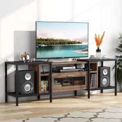 Tabor 74.8 in. Industrial Walnut TV Stand with Storage Cube Fits TV's up to 85 in. with Metal Mesh Shelves by TRIBESIGNS WAY TO ORIGIN -Deals Glitzhome Store industrial walnut tribesigns way to origin tv stands hd jw0003 c3 1000