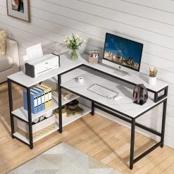 Ariana 55 in. L-Shaped Black Metal White Wood Top Corner Computer Desk with Monitor Stand and Storage Shelf by TRIBESIGNS WAY TO ORIGIN -Deals Glitzhome Store marble white tribesigns way to origin computer desks hd zj2133 1f 1000