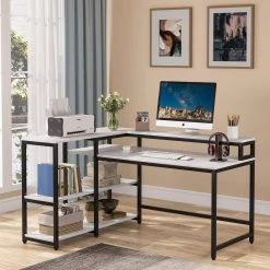 Ariana 55 in. L-Shaped Black Metal White Wood Top Corner Computer Desk with Monitor Stand and Storage Shelf by TRIBESIGNS WAY TO ORIGIN -Deals Glitzhome Store marble white tribesigns way to origin computer desks hd zj2133 31 1000