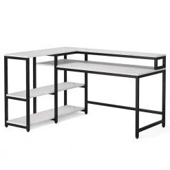 Ariana 55 in. L-Shaped Black Metal White Wood Top Corner Computer Desk with Monitor Stand and Storage Shelf by TRIBESIGNS WAY TO ORIGIN