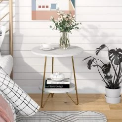 Belle 18.7 in. Marble White Round Wood End Table, Modern 2-Tier Side Table Nightstand Small Coffee Table for Home Office by TRIBESIGNS WAY TO ORIGIN -Deals Glitzhome Store marble white tribesigns way to origin end side tables hd yj2214 c3 1000