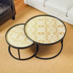 29.5 in. Round Nesting Coffee Table with Plaid Pattern Tray Top 2-Pieces by Glitzhome -Deals Glitzhome Store multi colored glitzhome nesting tables 2008600052 1f 1000