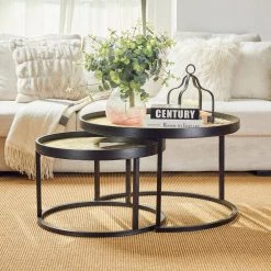 29.5 in. Round Nesting Coffee Table with Plaid Pattern Tray Top 2-Pieces by Glitzhome -Deals Glitzhome Store multi colored glitzhome nesting tables 2008600052 31 1000