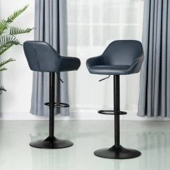 42.72 in. Navy Blue Mid-Century Modern Vintage Leatherette Gaslift Adjustable Swivel Bar Stool (Set of 2) by Glitzhome -Deals Glitzhome Store navy blue glitzhome bar stools 1010202516 31 1000