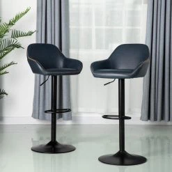 42.72 in. H Navy Blue Mid-Century Modern Leatherette Gaslift Metal Frame Adjustable Swivel Low Back Bar Stool (Set of 2) by Glitzhome