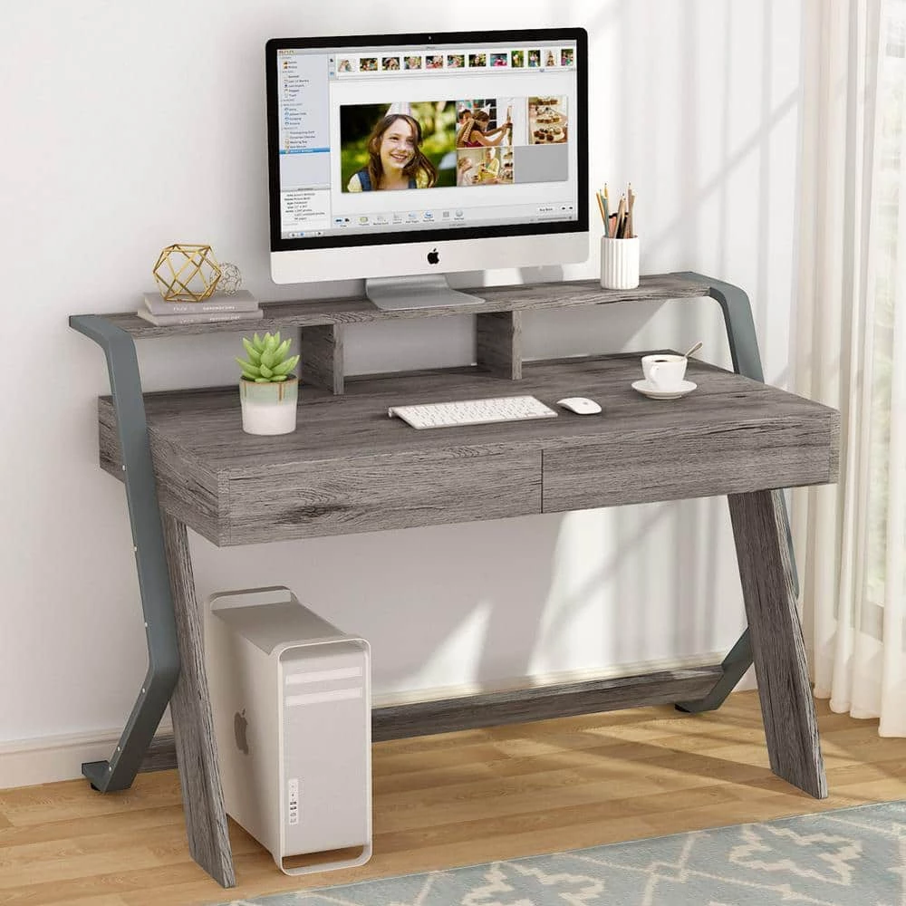Abend 47 in. Retangular Oak Gray 2 Drawer Computer Desk with Monitor Stand Riser by TRIBESIGNS WAY TO ORIGIN 6 Abend 47 in. Retangular Oak Gray 2 Drawer Computer Desk with Monitor Stand Riser by TRIBESIGNS WAY TO ORIGIN - Image 4