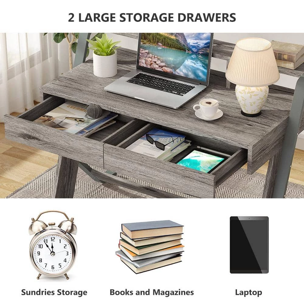 Abend 47 in. Retangular Oak Gray 2 Drawer Computer Desk with Monitor Stand Riser by TRIBESIGNS WAY TO ORIGIN 4 Abend 47 in. Retangular Oak Gray 2 Drawer Computer Desk with Monitor Stand Riser by TRIBESIGNS WAY TO ORIGIN - Image 2