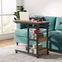 Andrea 31.5 in. C-Shaped Oak Mobile Computer Desk Height Adjustable Laptop End Storage Shelves Standing Rolling Cart by TRIBESIGNS WAY TO ORIGIN -Deals Glitzhome Store oak tribesigns way to origin laptop desks hd c0061 wzz 1d 1000