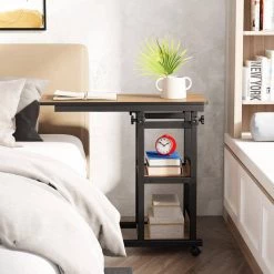 Andrea 31.5 in. C-Shaped Oak Mobile Computer Desk Height Adjustable Laptop End Storage Shelves Standing Rolling Cart by TRIBESIGNS WAY TO ORIGIN -Deals Glitzhome Store oak tribesigns way to origin laptop desks hd c0061 wzz 1f 1000