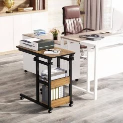 Andrea 31.5 in. C-Shaped Oak Mobile Computer Desk Height Adjustable Laptop End Storage Shelves Standing Rolling Cart by TRIBESIGNS WAY TO ORIGIN -Deals Glitzhome Store oak tribesigns way to origin laptop desks hd c0061 wzz 4f 1000