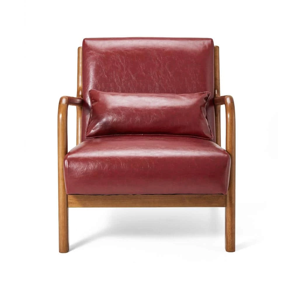 30.00 in. H Mid-Century Modern Red Leatherette Accent Armchair with Walnut Ruber Wood Frame by Glitzhome 7 30.00 in. H Mid-Century Modern Red Leatherette Accent Armchair with Walnut Ruber Wood Frame by Glitzhome - Image 5