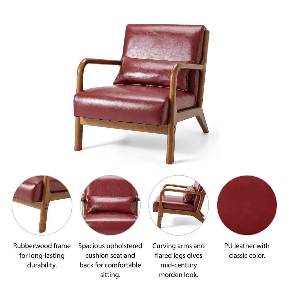 30.00 in. H Mid-Century Modern Red Leatherette Accent Armchair with Walnut Ruber Wood Frame by Glitzhome 6 30.00 in. H Mid-Century Modern Red Leatherette Accent Armchair with Walnut Ruber Wood Frame by Glitzhome - Image 4