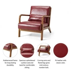 30.00 in. H Mid-Century Modern Red Leatherette Accent Arm Chair with Walnut Ruber Wood Frame by Glitzhome -Deals Glitzhome Store red glitzhome accent chairs gh2001100040 4f 1000