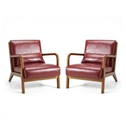Mid-century Modern Red Leatherette Accent Armchair with Walnut Ruber Wood Frame (Set of 2) by Glitzhome