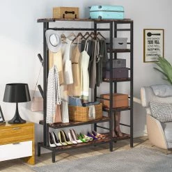 Billie Brown Closet System Starter Kit Garment Rack with Shelves Hang Rod,4-Hooks (70.9 in. x 47.2 in. x 15.8 in.) by TRIBESIGNS WAY TO ORIGIN -Deals Glitzhome Store retro brown tribesigns way to origin armoires wardrobes hd f1197 wzz 44 1000