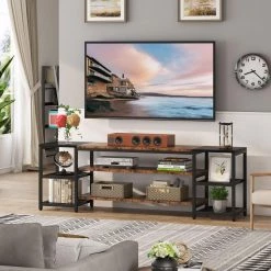 Tabor 78.8 in. Rustic Brown Wood Black Metal TV Stand Fits TVs up to 85 in. with Open Storage Shelves by TRIBESIGNS WAY TO ORIGIN -Deals Glitzhome Store rusitc brown tribesigns way to origin tv stands hd jw6622 31 1000