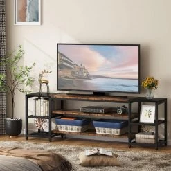 Tabor 78.8 in. Rustic Brown Wood Black Metal TV Stand Fits TVs up to 85 in. with Open Storage Shelves by TRIBESIGNS WAY TO ORIGIN -Deals Glitzhome Store rusitc brown tribesigns way to origin tv stands hd jw6622 4f 1000