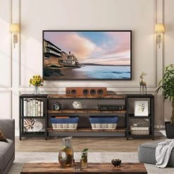 Tabor 78.8 in. Rustic Brown Wood Black Metal TV Stand Fits TVs up to 85 in. with Open Storage Shelves by TRIBESIGNS WAY TO ORIGIN -Deals Glitzhome Store rusitc brown tribesigns way to origin tv stands hd jw6622 c3 1000