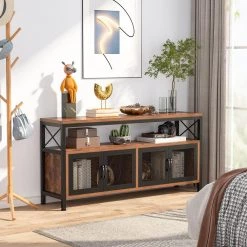 Tabor 58.66 in. Rustic Brown TV Stand with 2-Cabinets Fits TV's Up to 75 in. with Shelves and Grid Doors by TRIBESIGNS WAY TO ORIGIN -Deals Glitzhome Store rustic brown and black tribesigns way to origin tv stands hd sf0125b 1f 1000
