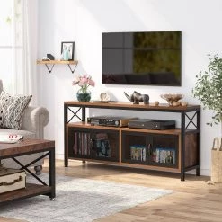 Tabor 58.66 in. Rustic Brown TV Stand with 2-Cabinets Fits TV's Up to 75 in. with Shelves and Grid Doors by TRIBESIGNS WAY TO ORIGIN -Deals Glitzhome Store rustic brown and black tribesigns way to origin tv stands hd sf0125b 31 1000