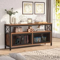 Tabor 58.66 in. Rustic Brown TV Stand with 2-Cabinets Fits TV's Up to 75 in. with Shelves and Grid Doors by TRIBESIGNS WAY TO ORIGIN -Deals Glitzhome Store rustic brown and black tribesigns way to origin tv stands hd sf0125b 4f 1000