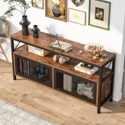 Tabor 58.66 in. Rustic Brown TV Stand with 2-Cabinets Fits TV's Up to 75 in. with Shelves and Grid Doors by TRIBESIGNS WAY TO ORIGIN -Deals Glitzhome Store rustic brown and black tribesigns way to origin tv stands hd sf0125b a0 1000