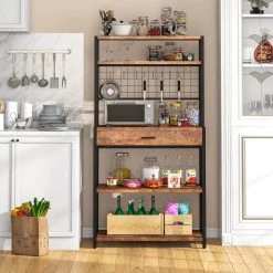 Rustic Brown Kitchen Bakers Rack with Drawer, 5-Tier Storage Shelf and 8 S-Hooks by TRIBESIGNS WAY TO ORIGIN -Deals Glitzhome Store rustic brown tribesigns way to origin baker s racks glaa q092 31 1000