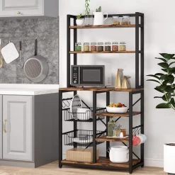 Aleah Rustic Brown 4+2 Shelves Bakers Rack with 2-Wire Baskets and 6-Hooks by TRIBESIGNS WAY TO ORIGIN -Deals Glitzhome Store rustic brown tribesigns way to origin baker s racks hd c0410 c3 1000