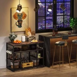 Adan Vintage Brown Baker's Rack with Hooks, Kitchen Island with Wine Glass Racks and Shelves by TRIBESIGNS WAY TO ORIGIN -Deals Glitzhome Store rustic brown tribesigns way to origin baker s racks hd cz6092 31 1000