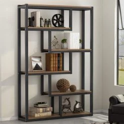 Benjamin 69.3 in. Rustic Brown Wood 6-Shelf Etagere Bookcase with Sturdy Metal Frame by TRIBESIGNS WAY TO ORIGIN -Deals Glitzhome Store rustic brown tribesigns way to origin bookcases bookshelves hd c0049 c3 1000