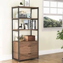 Bulgari 59 in. Rustic Brown Wood 4-Shelf Etagere Bookcase with 2-Drawers by TRIBESIGNS WAY TO ORIGIN -Deals Glitzhome Store rustic brown tribesigns way to origin bookcases bookshelves hd f1098 c3 1000