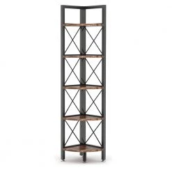 Halsey 63 in. Rustic Brown Wood and Black Metal Frame 5-Shelf Radial Corner Shelf Bookcase Storage Rack Plant Stand by TRIBESIGNS WAY TO ORIGIN