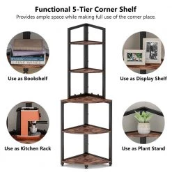 Taylor 60 in. Rustic Brown Wood and Black Metal Frame 5 Shelf Radial Corner Shelf Bookcase Storage Rack Plant Stand by TRIBESIGNS WAY TO ORIGIN -Deals Glitzhome Store rustic brown tribesigns way to origin bookcases bookshelves hd sff1277 1f 1000