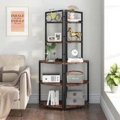 Taylor 60 in. Rustic Brown Wood and Black Metal Frame 5 Shelf Radial Corner Shelf Bookcase Storage Rack Plant Stand by TRIBESIGNS WAY TO ORIGIN -Deals Glitzhome Store rustic brown tribesigns way to origin bookcases bookshelves hd sff1277 31 1000