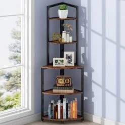 Taylor 60 in. Rustic Brown Wood and Black Metal Frame 5 Shelf Radial Corner Shelf Bookcase Storage Rack Plant Stand by TRIBESIGNS WAY TO ORIGIN -Deals Glitzhome Store rustic brown tribesigns way to origin bookcases bookshelves hd sff1277 c3 1000
