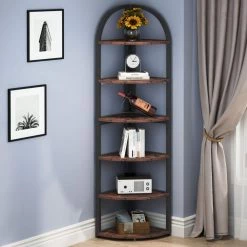 Kacie 71.6 in. Black Metal Frame and Rustic Brown Particleboard 6-Shelf Corner Standard Bookcase with Open Back by TRIBESIGNS WAY TO ORIGIN -Deals Glitzhome Store rustic brown tribesigns way to origin bookcases bookshelves hd u0032 c3 1000