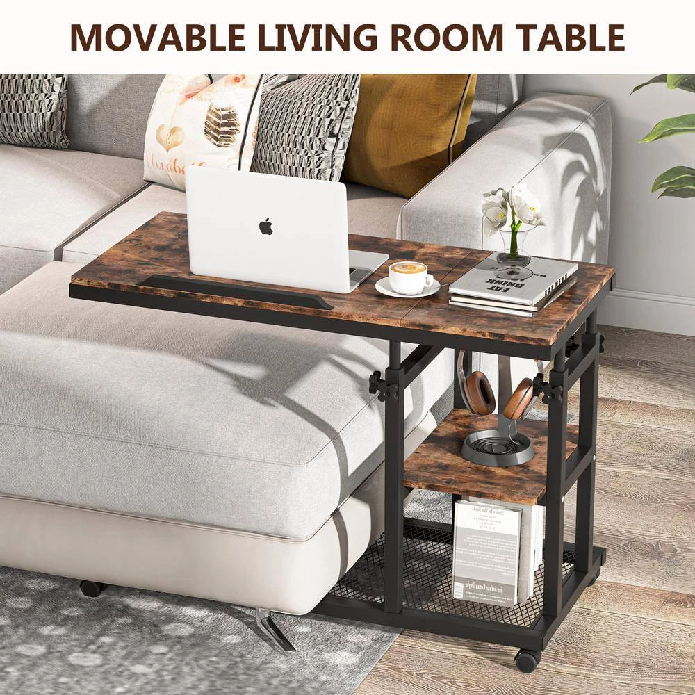 Andrea 34.64 in. Brown C-Shaped Brown Wood Mobile Tiltable Drawing Board Height Adjustable Laptop End Storage Shelf Cart by TRIBESIGNS WAY TO ORIGIN 4 Andrea 34.64 in. Brown C-Shaped Brown Wood Mobile Tiltable Drawing Board Height Adjustable Laptop End Storage Shelf Cart by TRIBESIGNS WAY TO ORIGIN - Image 2