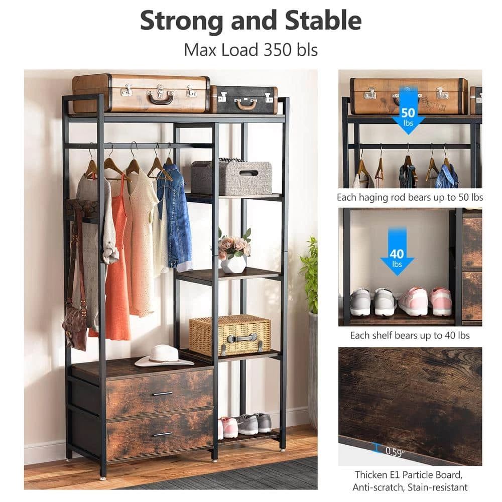 47.2 in. W Freestanding Clothes Garment Rack with Shelves and 2 Drawers, 5 Tier Rustic Brown Closet Organizer Wardrobe by TRIBESIGNS WAY TO ORIGIN 7 47.2 in. W Freestanding Clothes Garment Rack with Shelves and 2 Drawers, 5 Tier Rustic Brown Closet Organizer Wardrobe by TRIBESIGNS WAY TO ORIGIN - Image 5