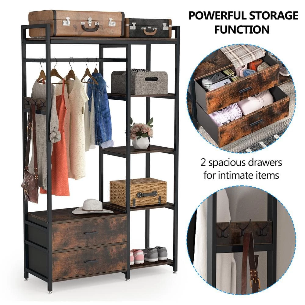 47.2 in. W Freestanding Clothes Garment Rack with Shelves and 2 Drawers, 5 Tier Rustic Brown Closet Organizer Wardrobe by TRIBESIGNS WAY TO ORIGIN 8 47.2 in. W Freestanding Clothes Garment Rack with Shelves and 2 Drawers, 5 Tier Rustic Brown Closet Organizer Wardrobe by TRIBESIGNS WAY TO ORIGIN - Image 6