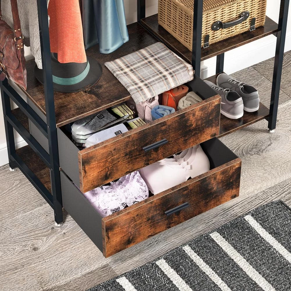 47.2 in. W Freestanding Clothes Garment Rack with Shelves and 2 Drawers, 5 Tier Rustic Brown Closet Organizer Wardrobe by TRIBESIGNS WAY TO ORIGIN 6 47.2 in. W Freestanding Clothes Garment Rack with Shelves and 2 Drawers, 5 Tier Rustic Brown Closet Organizer Wardrobe by TRIBESIGNS WAY TO ORIGIN - Image 4