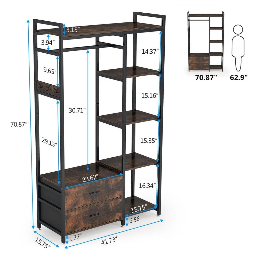 47.2 in. W Freestanding Clothes Garment Rack with Shelves and 2 Drawers, 5 Tier Rustic Brown Closet Organizer Wardrobe by TRIBESIGNS WAY TO ORIGIN 10 47.2 in. W Freestanding Clothes Garment Rack with Shelves and 2 Drawers, 5 Tier Rustic Brown Closet Organizer Wardrobe by TRIBESIGNS WAY TO ORIGIN - Image 8