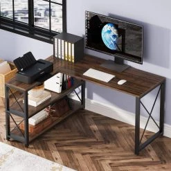 Halseey 52.8 in. Reversible L-Shaped Desk Rustic Brown Wood Corner Computer Desk with Storage Shelves for Home Office by TRIBESIGNS WAY TO ORIGIN -Deals Glitzhome Store rustic brown tribesigns way to origin computer desks hd al2210 77 1000