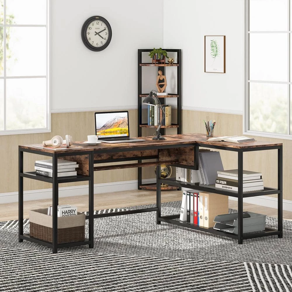 Monroe 63 in. Width Black Brown L-Shape Metal Particle Board Corner Computer Writing Desk Adjustable Lift Top 2 Shelves by TRIBESIGNS WAY TO ORIGIN 15 Monroe 63 in. Width Black Brown L-Shape Metal Particle Board Corner Computer Writing Desk Adjustable Lift Top 2 Shelves by TRIBESIGNS WAY TO ORIGIN - Image 13